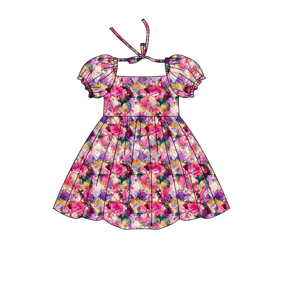 Preorder (moq 5)Baby Girls Short Ruffle Sleeve Colorful Bows Flowers Knee Length Dress