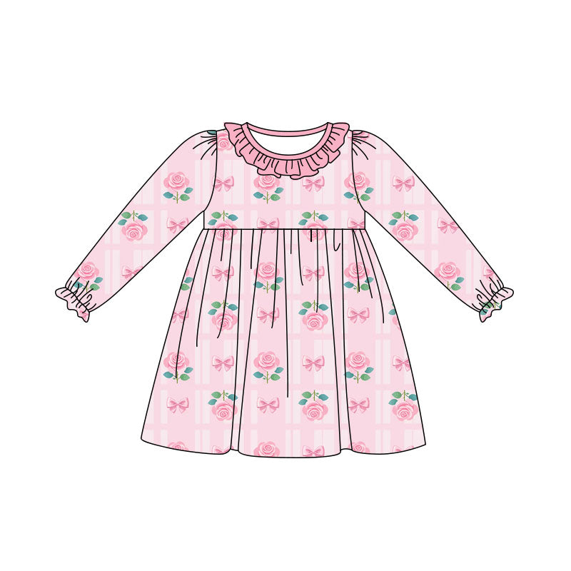 Preorder (moq 5) Baby Girl Clothes Rose Bow Plaid Print Long Sleeve Ruffle Neck Dress