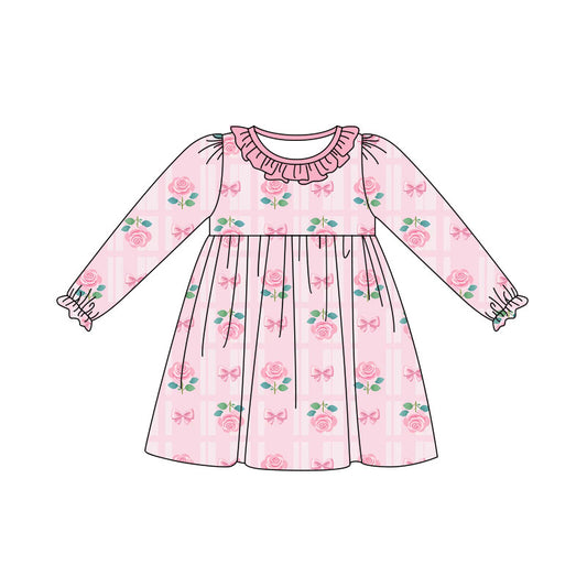 Preorder (moq 5) Baby Girl Clothes Rose Bow Plaid Print Long Sleeve Ruffle Neck Dress