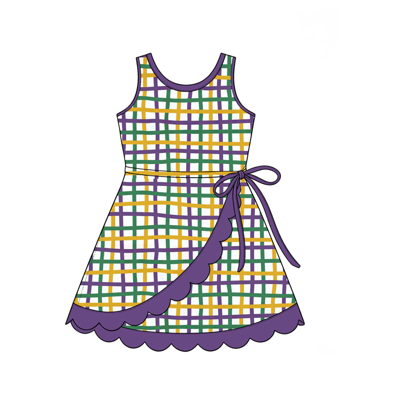 Preorder (moq 5)  Girls’ Purple Sleeveless Plaid Ruffle Dress | Festive Kids’ Party Dress Set