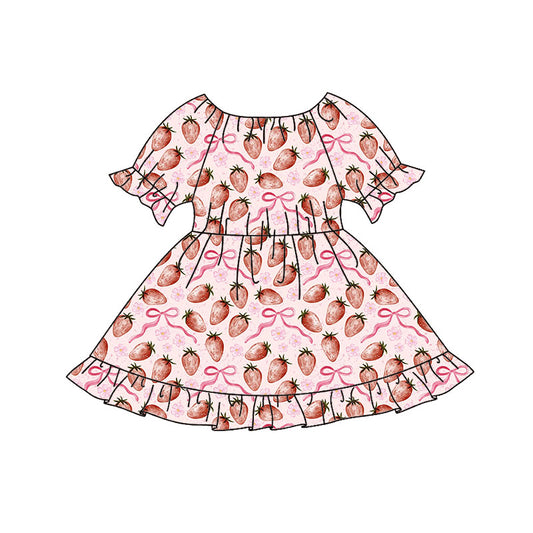 Preorder(moq 8)Baby Girls Pink Bows Strawberry Ruffle Knee Length Dresses