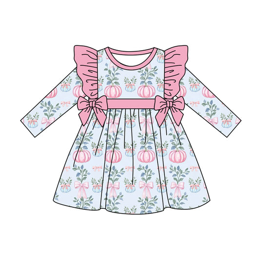 Preorder (moq 5)Baby Girls Blue Long Sleeves Bows Pumpkins Knee Length Dresses