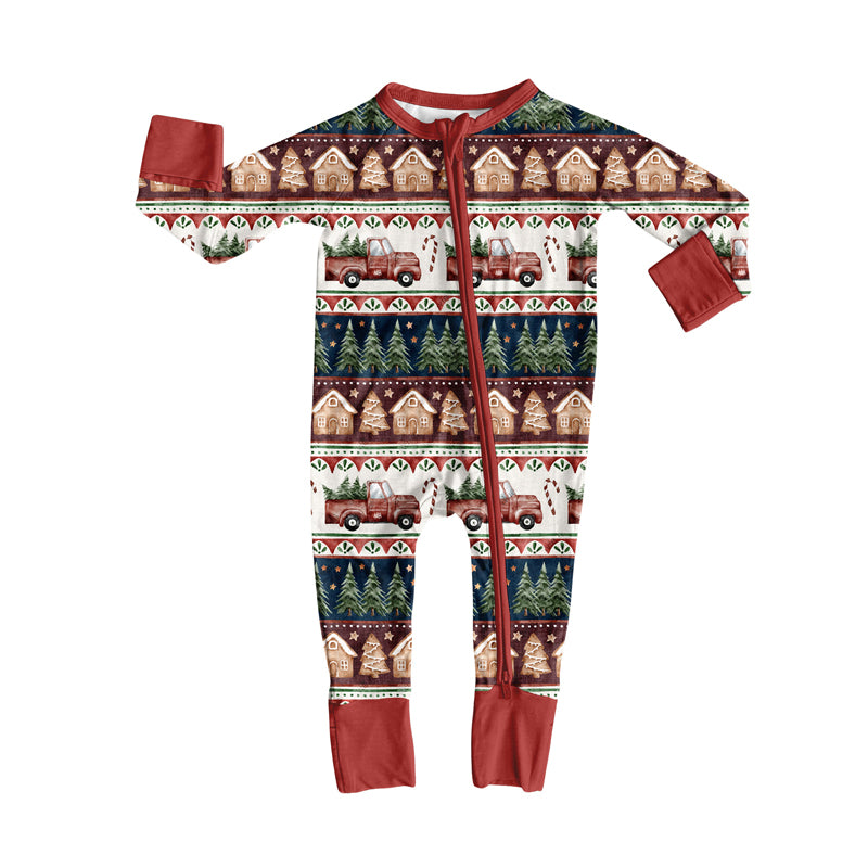 Preorder (moq 20)Baby Boys Bamboo Christmas Trees Trucks Candy Cane Zippy Footie Rompers