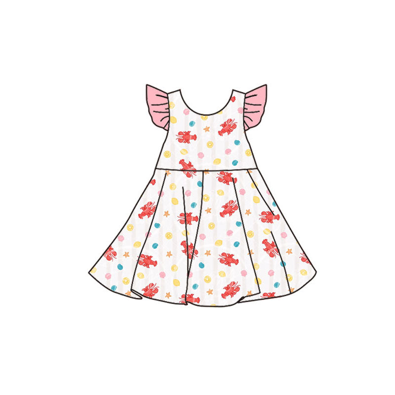 Preorder(moq 5) Baby Girls Flutter Sleeve Crayfishes Shells Stripe Knee Length Dresses
