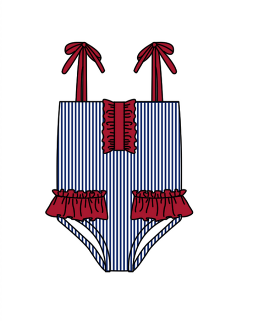 Preorder moq 5 Baby Girls Strap Navy Stripe Team Swimsuits