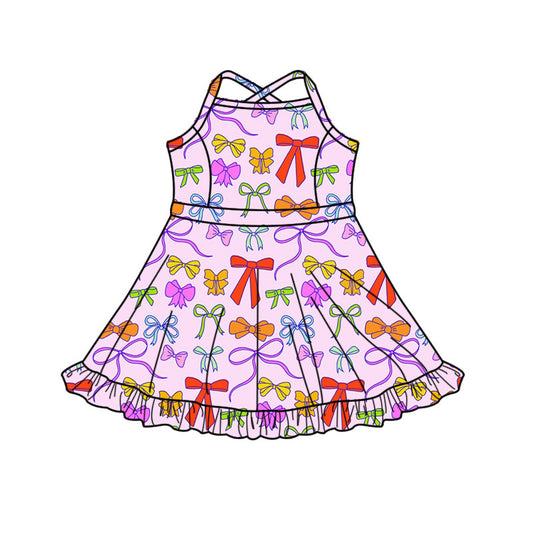 Preorder(moq 5) Baby Girls Strap Colorful Bows Plaid Shorts Ruffle Knee Length Dresses