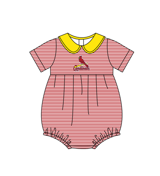 Preorder (moq 5)Baby Girls Short Sleeve Cardinals Stripe Team Ruffle Rompers