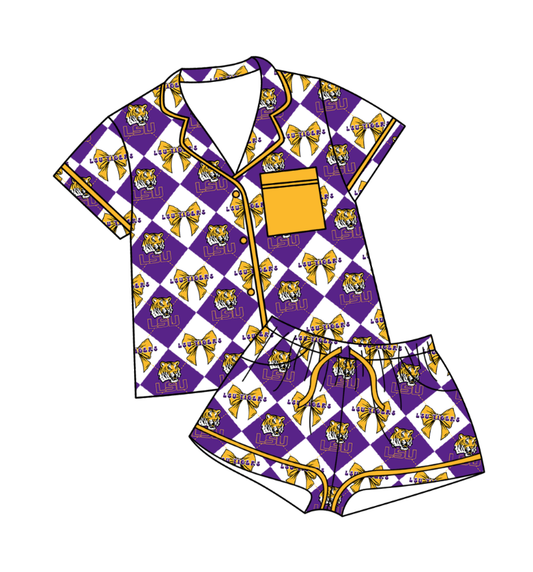 Preorder moq 5 Baby Girls LSU Tigers Bows Button Pocket Top Shorts Team Pajamas Set
