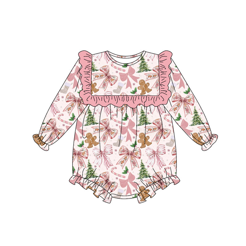 Preorder (moq 5)Baby Girls Long Sleeves Pink Bows Gingerbread Trees Ruffle Romper