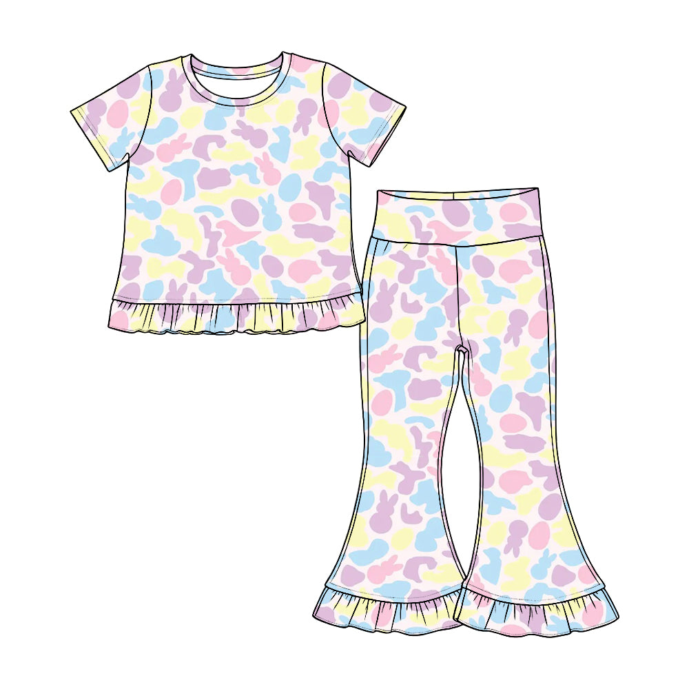 Preorder(moq 5) Girls Ruffle Short Sleeve Top & Ruffle Flare Pants Set Kids Two‑Piece Casual Outfit Set