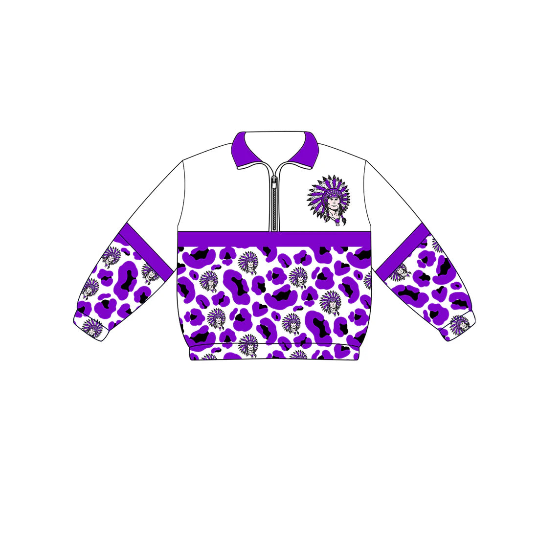 Preorder (moq 5)Baby Boys Long Sleeve Purple Leopard Vikings Team Zip Pullovers Tops