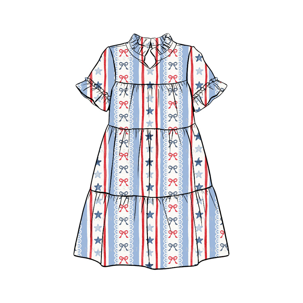 Preorder (moq 5)Baby Girls Bows Stars Stripe 4th of July Patchwork Knee Length Dresses