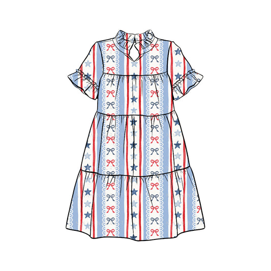 Preorder (moq 5)Baby Girls Bows Stars Stripe 4th of July Patchwork Knee Length Dresses