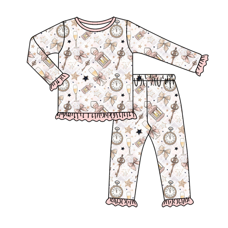 Preorder (moq 5)Baby Girls Long Ruffle Sleeves Pink Key Stars Plaid Top Pants Pajamas Set