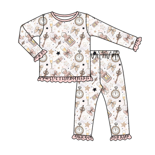 Preorder (moq 5)Baby Girls Long Ruffle Sleeves Pink Key Stars Plaid Top Pants Pajamas Set