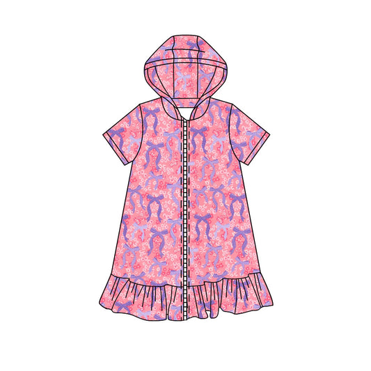 Preorder moq 5 Baby Girls Short Sleeve Flowers Bows Fall Zip Ruffle Knee Length Dresses