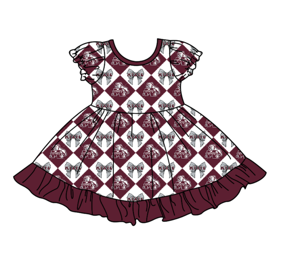 Preorder (moq 5)Baby Girls Team Bows Checked Ruffle Knee Length Dresses