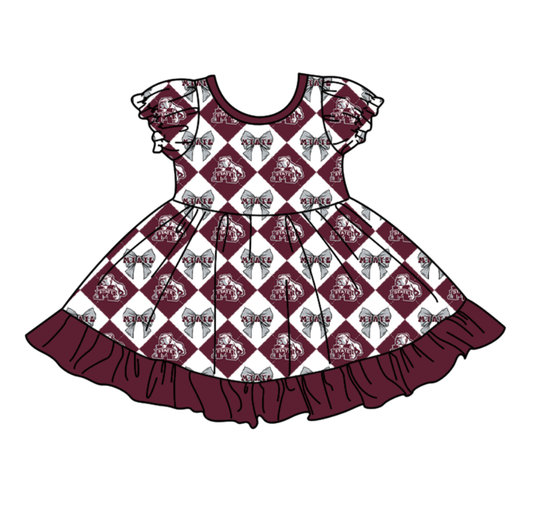 Preorder (moq 5)Baby Girls Team Bows Checked Ruffle Knee Length Dresses