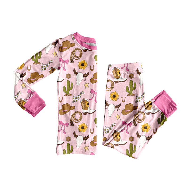 Preorder (moq 5)Baby Girls Pink Cactus Hats Bull Skulls Top Pants Western Pajamas Sets