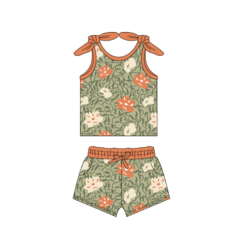 Preorder (moq 5)Baby Girls Orange Bows Strap Floral Top Green Pockets Short Sets