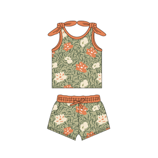 Preorder (moq 5)Baby Girls Orange Bows Strap Floral Top Green Pockets Short Sets