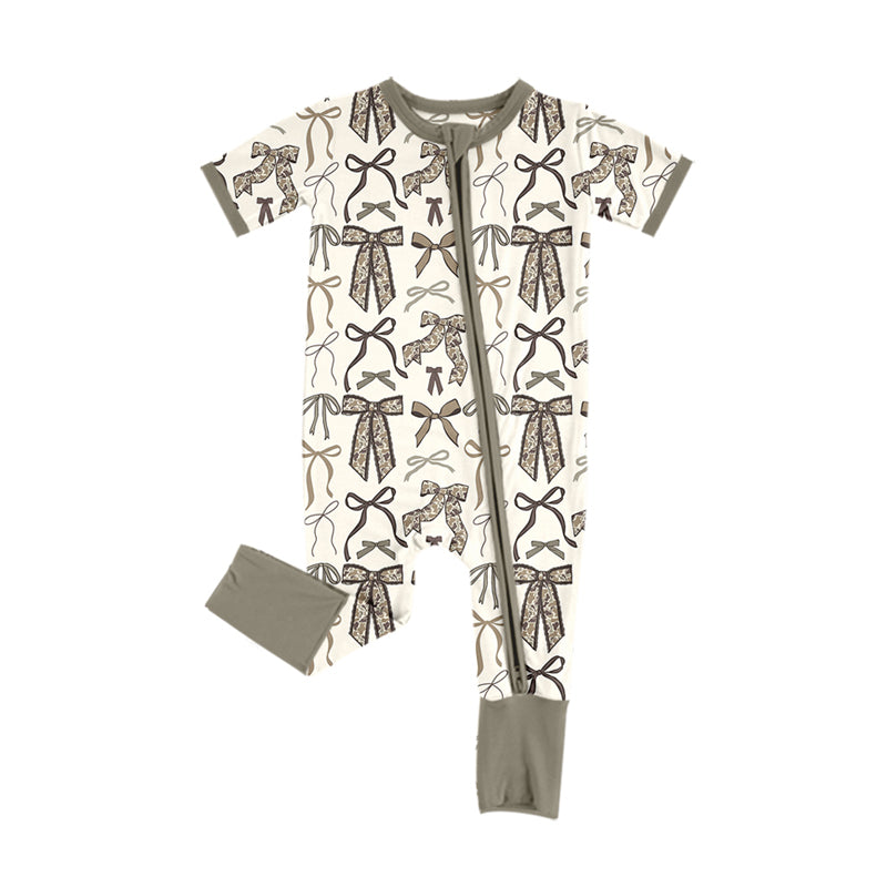 Preorder (moq 5)Baby Girls Grey Camo Bows Two Way Zip Convertible Rompers