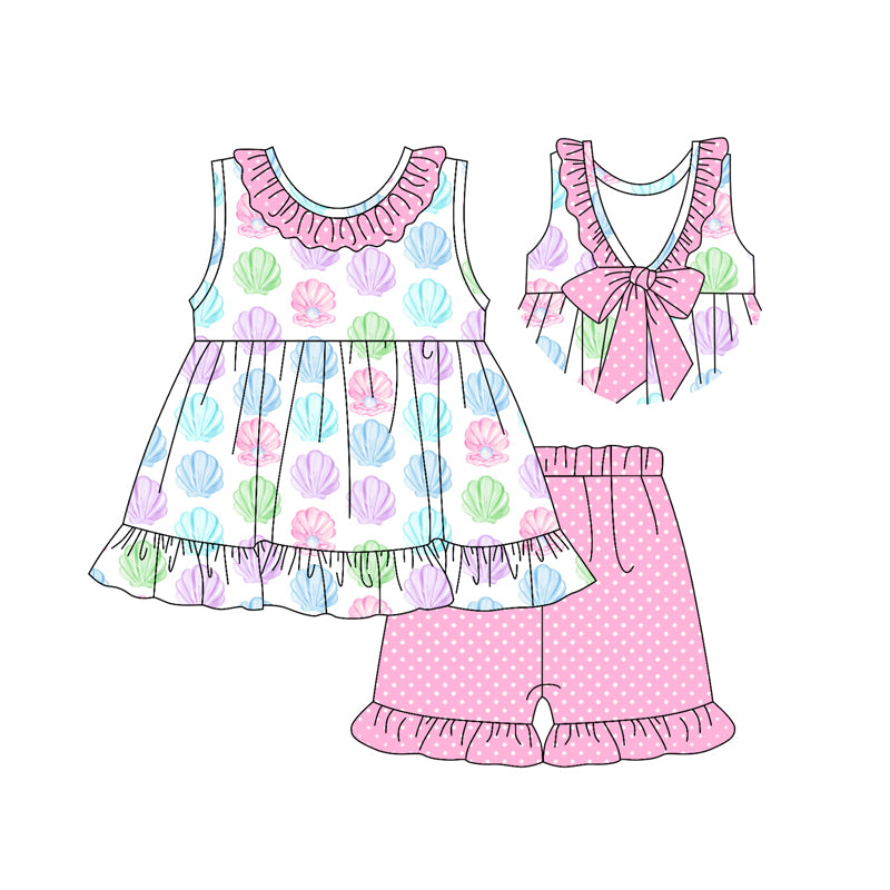 Preorder (moq 5)Baby Girls Pink Sleeveless Colorful Shell Pearl Tunic Polka Dots Ruffle Short Set
