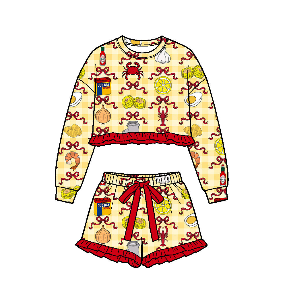 Preorder (moq 5) Girls Crawfish Boil Potato Lemon Bow Print Long Sleeve Crop Top Ruffle Shorts Boutique Outfits Clothes Sets
