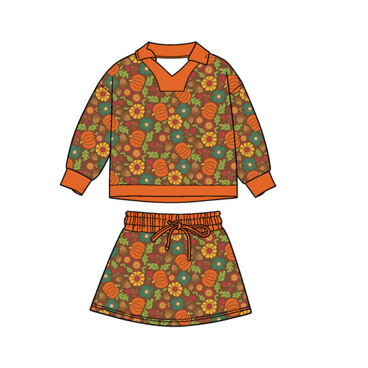 Preorder moq 5 Baby Girls Long Sleeve Flower Pumpkins Top Skirt Short Fall Clothes Set