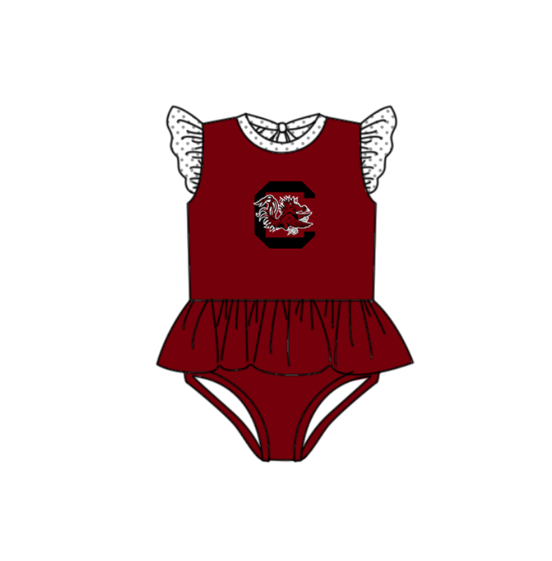 Preorder moq 5 Baby Girls Red Flutter Sleeve C Bulls Team Swimsuits