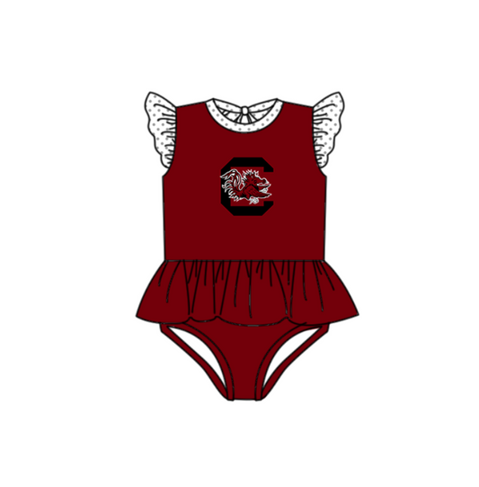 Preorder moq 5 Baby Girls Red Flutter Sleeve C Bulls Team Swimsuits
