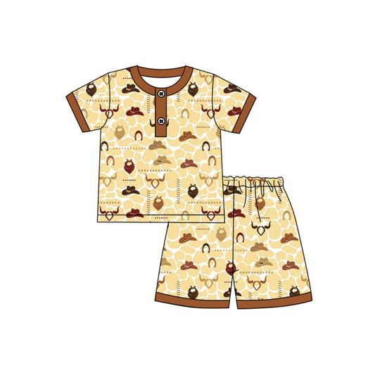Preorder moq 5 Baby Boys Khaki Short Sleeves Hats Bull Skull Button Top Shorts Pajamas Set