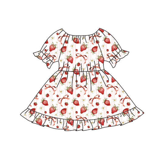 Preorder(moq 8)Baby Girls Red Bows Strawberry Ruffle Knee Length Dresses