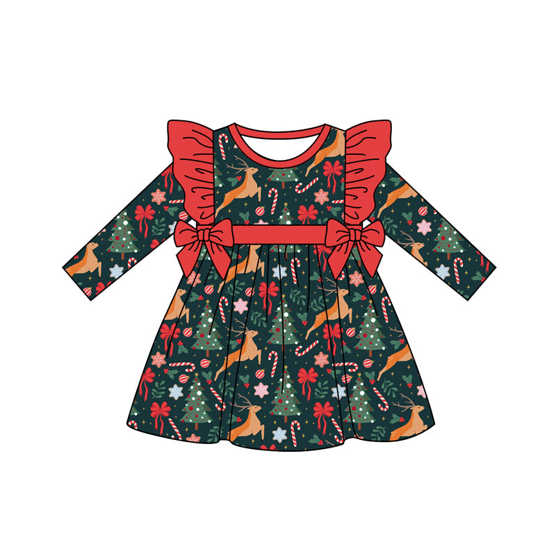 Preorder (moq 5)Baby Girls Dark Green Long Sleeves Deer Candy Cane Knee Length Dresses