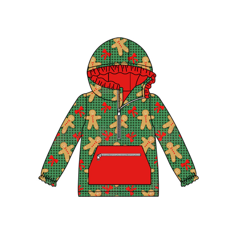 Preorder(moq 5)Baby Boys Green Checked Bows Gingerbread Pocket Zipper Christmas Hoodie Tops