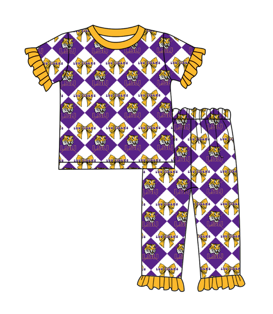 Preorder moq 5 Baby Girls Short Sleeve LSU Tigers Bows Top Ruffle Pants Team Clothes Set