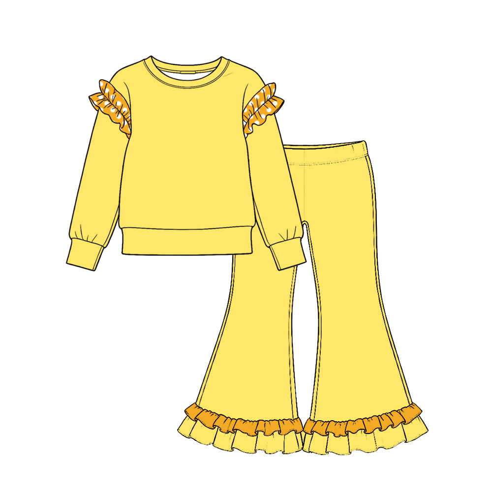 Preorder (moq 5) Baby Girl Clothes Polka Dot Ruffle Sleeve Solid Long Sleeve Ruffle Hem Flare Pant Set