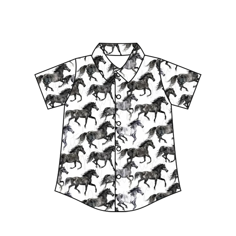 Preorder moq 10 Baby Boys Short Sleeves Black Horses Button Shirts Top