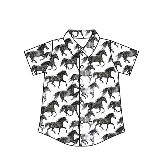 Preorder moq 10 Baby Boys Short Sleeves Black Horses Button Shirts Top