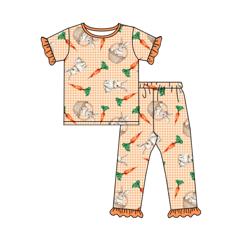 Preorder (moq 5) Baby Girl Clothes Easter Bunny Carrot Basket Gingham Mixed Print Short Sleeve Ruffle Pant Set