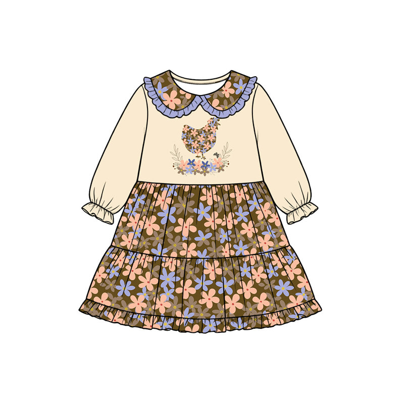 Preorder (moq 5) Baby Girl Clothes Floral Chicken Graphic Print Long Sleeve Tiered Dress