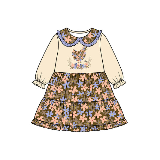 Preorder (moq 5) Baby Girl Clothes Floral Chicken Graphic Print Long Sleeve Tiered Dress