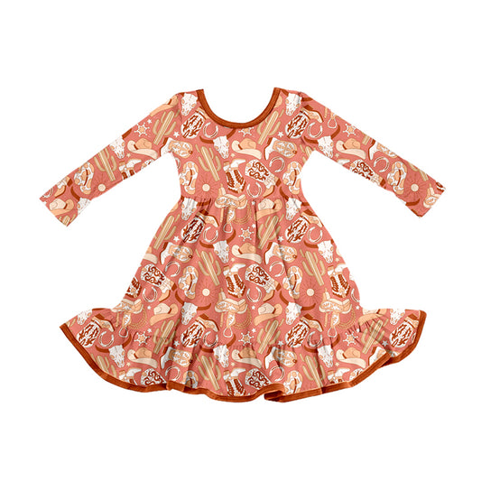 Preorder (moq 5)Baby Girls Western Boots Cactus Cow Ruffle Knee Length Dresses