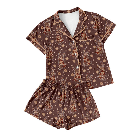 Preorder moq 5 Adult Women Brown Flowers Rabbits Button Pockets Top Shorts Easter Pajamas Sets