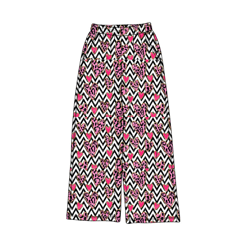 Pre-order(moq5)Girls’ Fall Colorful Heart Print Wide-Leg Pants, Elastic-Waist Casual Straight-Leg Long Trousers