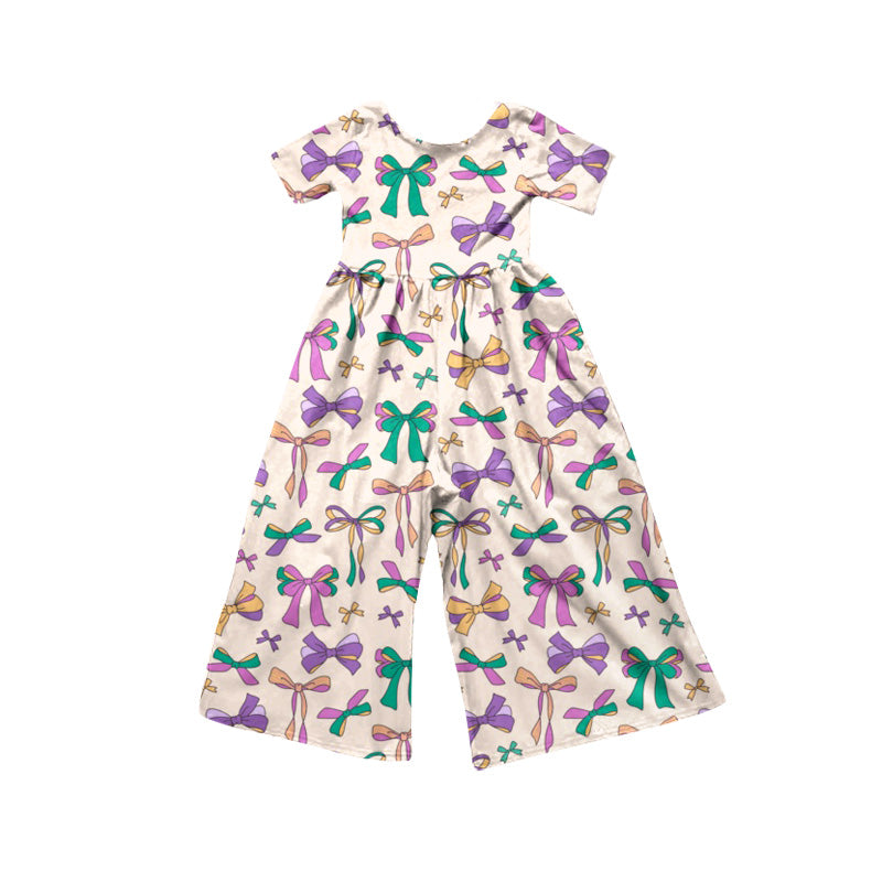 Preorder (moq 5) Baby Girl Clothes Mardi Gras Pastel Bow Print Short Sleeve Wide Leg Jumpsuit