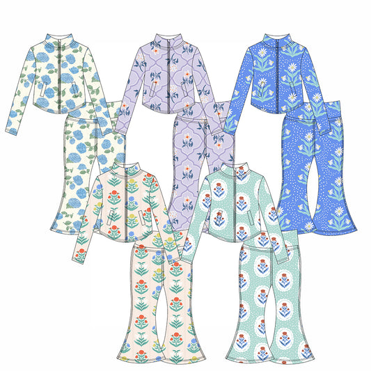 Preorder moq 10 Baby Girls Colorful Flowers Plaid Long Sleeves Pockets Zipper Top Bell Bottom Pant Activity Wear Yoga Set