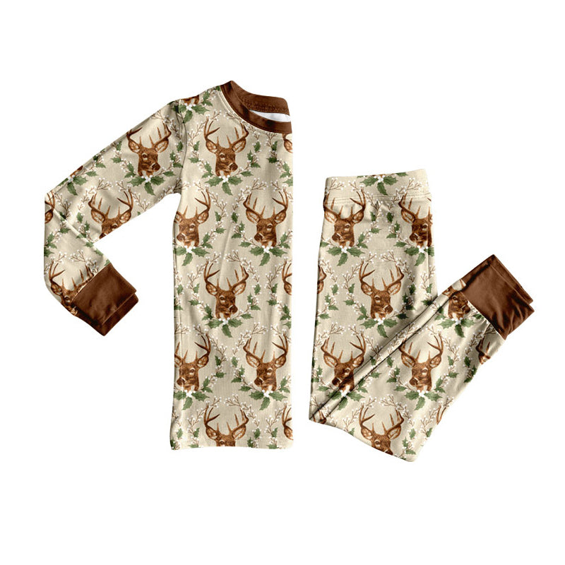 Preorder (moq 5) Baby Boy Clothes Deer Holly Winter Mixed Print Long Sleeve Top Jogger Pant Set