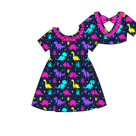 Preorder (moq 5)Baby Girls Colorful Dinosaurs Back Bow Knee Length Dresses