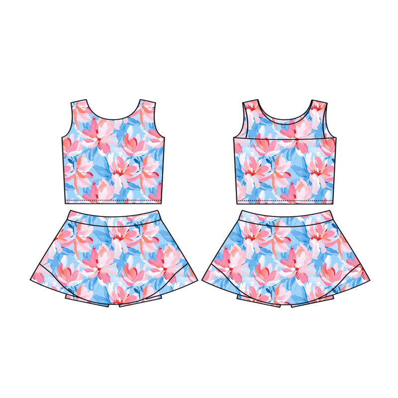 Preorder (moq 5)Baby Girls Sleeveless Blue Red Watercolor Flowers Vest Top Skorts Yoga Set